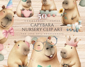 Pastel Watercolor Capybara Clipart PNG Bundle, Nursery Art (Digital Download)