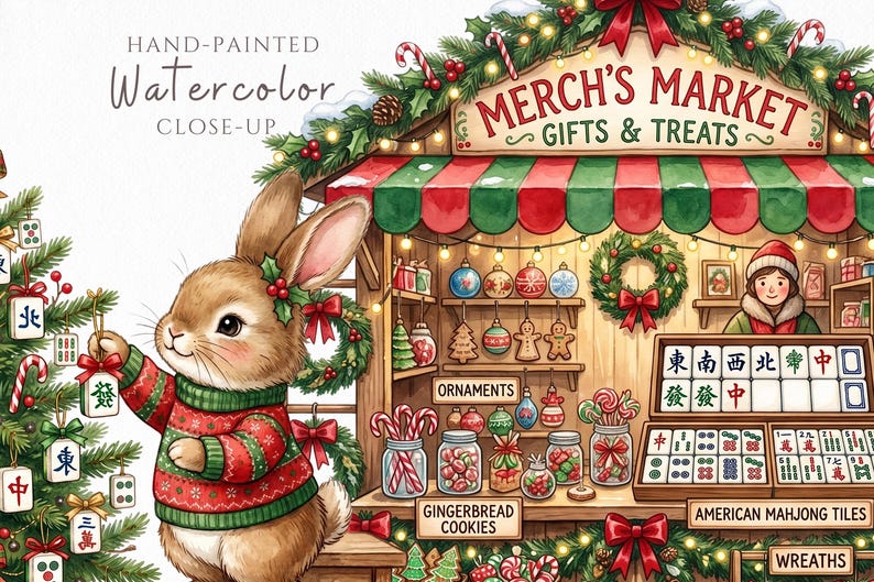 Puede incluir: Una ilustraci&oacute;n en acuarela pintada a mano de un conejo marr&oacute;n con un su&eacute;ter rojo y verde decorando un &aacute;rbol de Navidad con adornos de fichas de mahjong. Junto al &aacute;rbol hay un puesto de mercado con el letrero Merch's Market Gifts & Treats con galletas de jengibre, adornos y fichas de mahjong americano.