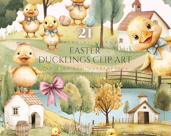 Easter Ducklings Clipart Bundle Watercolor Baby Ducks for Nursery Decor Kids Easter Crafts PNG Commercial Use