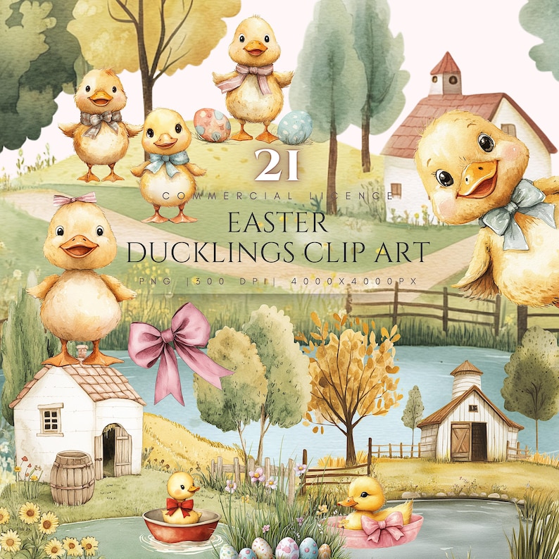 Easter ducklings clipart bundle with watercolor baby ducks bows eggs and spring farm elements for nursery decor and kids Easter crafts PNG files