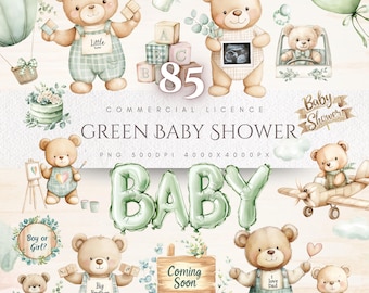 May include: Watercolor illustrations for a baby shower, featuring teddy bears, blocks, and balloons. The image includes the text "GREEN BABY SHOWER" and "BABY". Other elements include a baby sonogram, a sign that says "Coming Soon", and the text "Boy or Girl?"