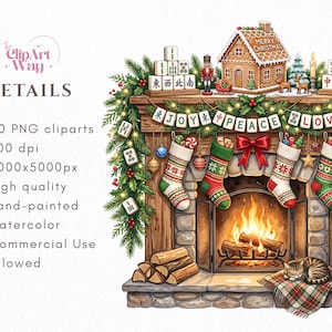 Puede incluir: Una ilustraci&oacute;n digital de una chimenea de piedra decorada para Navidad con guirnaldas verdes, bayas rojas, cuatro calcetines y una pancarta que dice JOY PEACE LOVE. Incluye una casa de jengibre, fichas de mahjong y un gato durmiendo.