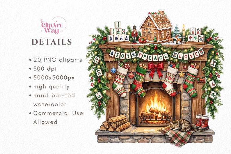 Puede incluir: Una ilustraci&oacute;n digital de una chimenea de piedra decorada para Navidad con guirnaldas verdes, bayas rojas, cuatro calcetines y una pancarta que dice JOY PEACE LOVE. Incluye una casa de jengibre, fichas de mahjong y un gato durmiendo.