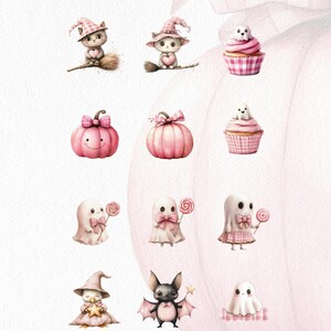 May include: Watercolor clip art featuring Halloween-themed illustrations. Includes a cat on a broom, cupcakes, pumpkins, ghosts with lollipops, a bat, and a witch. The designs are in soft pink and white tones, with the text "CLIP ART INCLUDED".