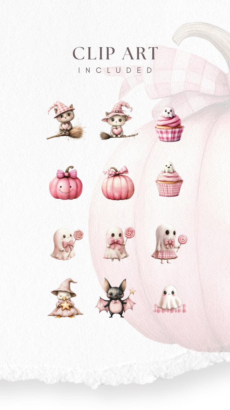 May include: Watercolor clip art featuring Halloween-themed illustrations. Includes a cat on a broom, cupcakes, pumpkins, ghosts with lollipops, a bat, and a witch. The designs are in soft pink and white tones, with the text "CLIP ART INCLUDED".