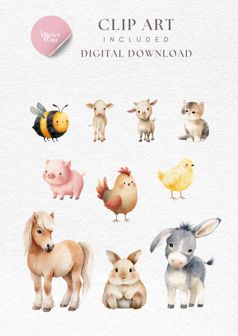 Pastel Watercolor Farm Animals Clipart Bundle (PNG) - Etsy