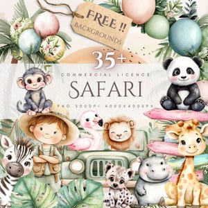 Safari Animals Clipart Bundle Cute Watercolor Jungle PNG Baby Shower Birthday Nursery Decor Kids Party Invitation Sublimation