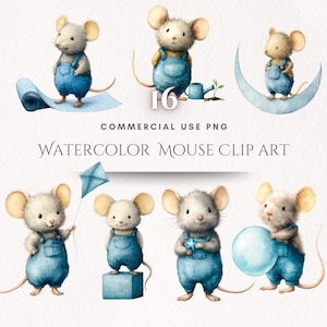 Peut inclure: Illustration à l'aquarelle de plusieurs souris adorables portant des salopettes bleues. Certaines souris tiennent des objets comme un cerf-volant, une étoile et une boule bleue. Le texte "Watercolor Mouse Clip Art" est affiché.