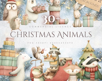 Imágenes prediseñadas de animales navideños en acuarela: paquete PNG de bosque (descarga digital)