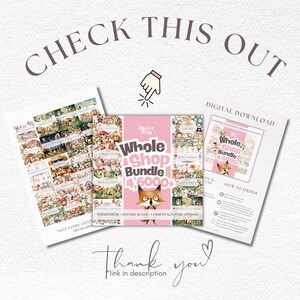 Puede incluir: Un paquete de descarga digital que presenta un gr&aacute;fico cuadrado central con una ilustraci&oacute;n de un zorro y el texto Whole Shop Bundle 4,600+. La pantalla incluye dos paneles laterales que muestran varios dise&ntilde;os en acuarela y el texto Check This Out.
