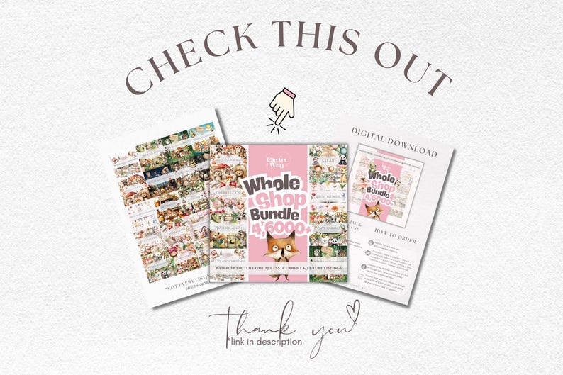 Puede incluir: Un paquete de descarga digital que presenta un gr&aacute;fico cuadrado central con una ilustraci&oacute;n de un zorro y el texto Whole Shop Bundle 4,600+. La pantalla incluye dos paneles laterales que muestran varios dise&ntilde;os en acuarela y el texto Check This Out.