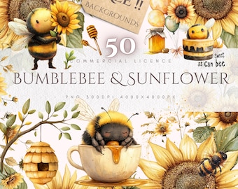 Watercolor Sunflower Bee Clipart Bundle: Summer Baby Shower DIY (PNG, Digital Download)