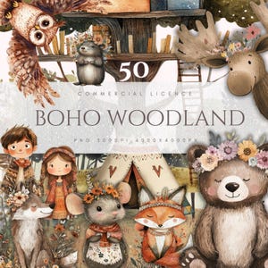 Boho Woodland Animal Clipart Pacote de licença comercial Pacote de download digital Berçário Aquarela Arte de parede Impressão Scrapbooking Cartão Fazendo PNG