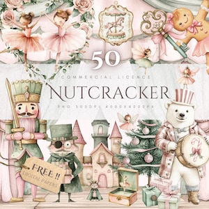 以下が含まれることがあります： くるみ割り人形をテーマにした水彩イラスト。バレリーナ、メリーゴーランド、ジンジャーブレッドマン、妖精、ホッキョクグマ、おもちゃの兵隊が描かれています。「Nutcracker」と「50 Commercial Licence」の文字が見えます。