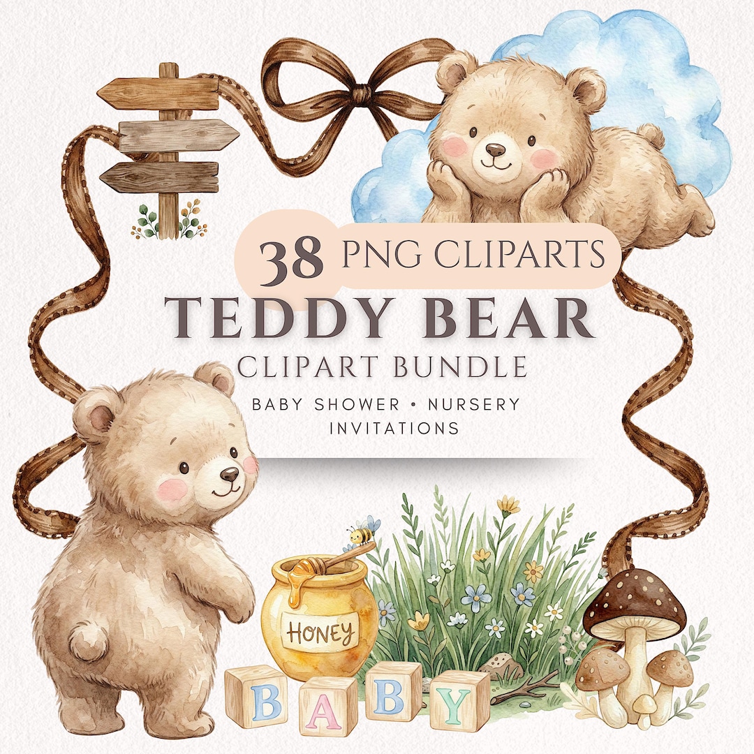Baby Shower Invitation Clipart, Teddy Bear Clipart Bundle PNG, Nursery ...