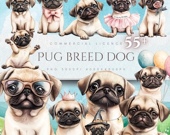 Cute Pug Breed Dog Clipart Bundle PNG Pug Puppy Lover Illustration Clip Art Funny Dog Graphics Sublimation Nursery Gift Idea Print Craft