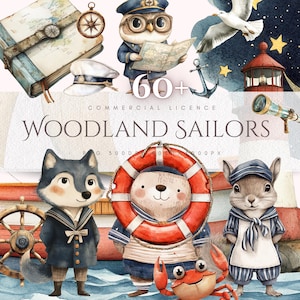 Ensemble de cliparts marins animaux des bois croisière nautique renard lapin ours PNG art numérique scrapbooking bricolage sublimation pépinière bateau décor
