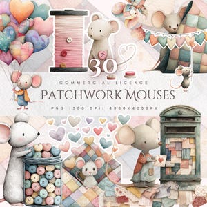 Pode incluir: Ilustração em aquarela com ratinhos adoráveis com designs de patchwork. A imagem inclui corações, carretéis de linha e o texto "Patchwork Mouses" e "Commercial Licence". A paleta de cores inclui tons pastéis suaves.