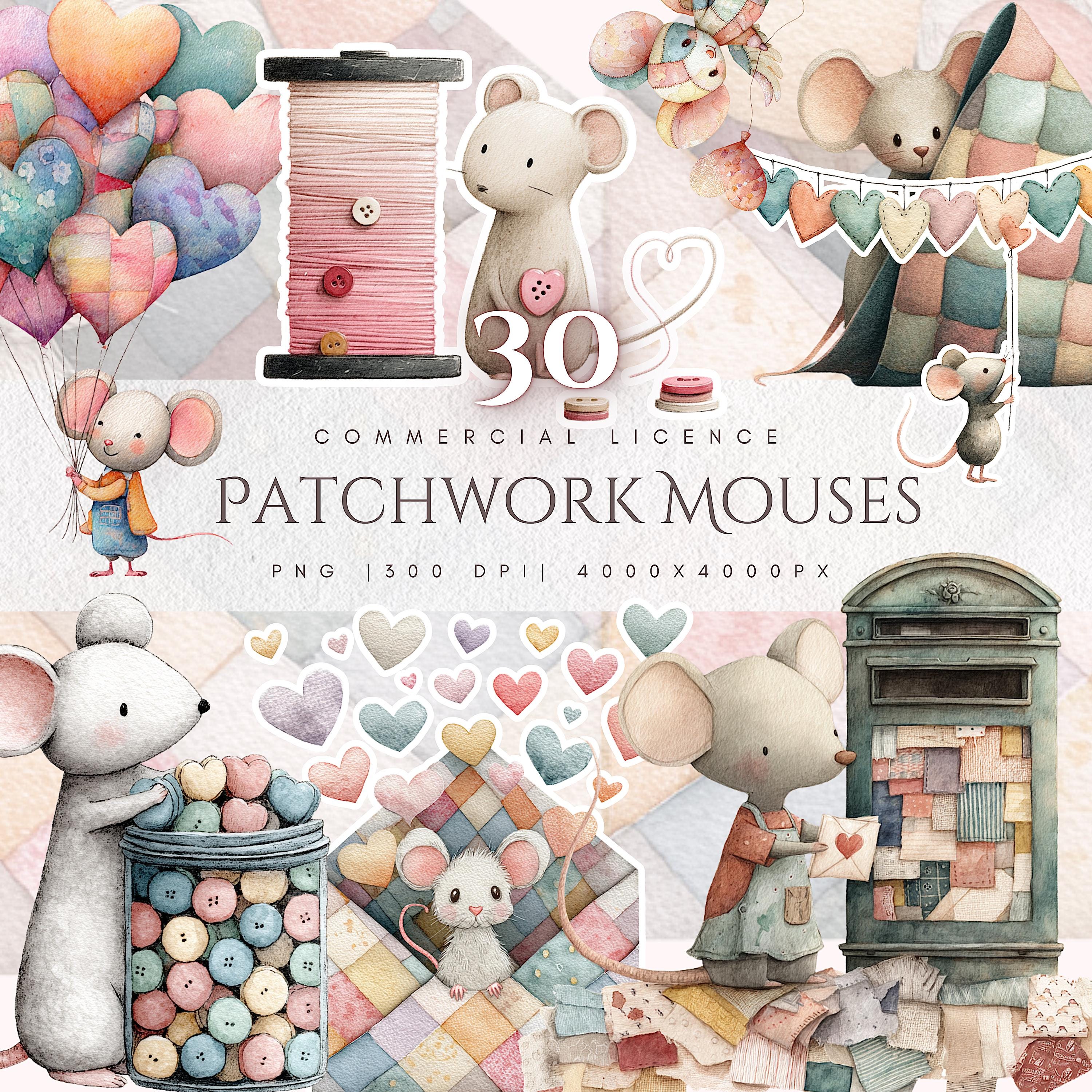 Valentine Patchwork Mouse PNG Clipart Bundle, Digital Download Mice ...