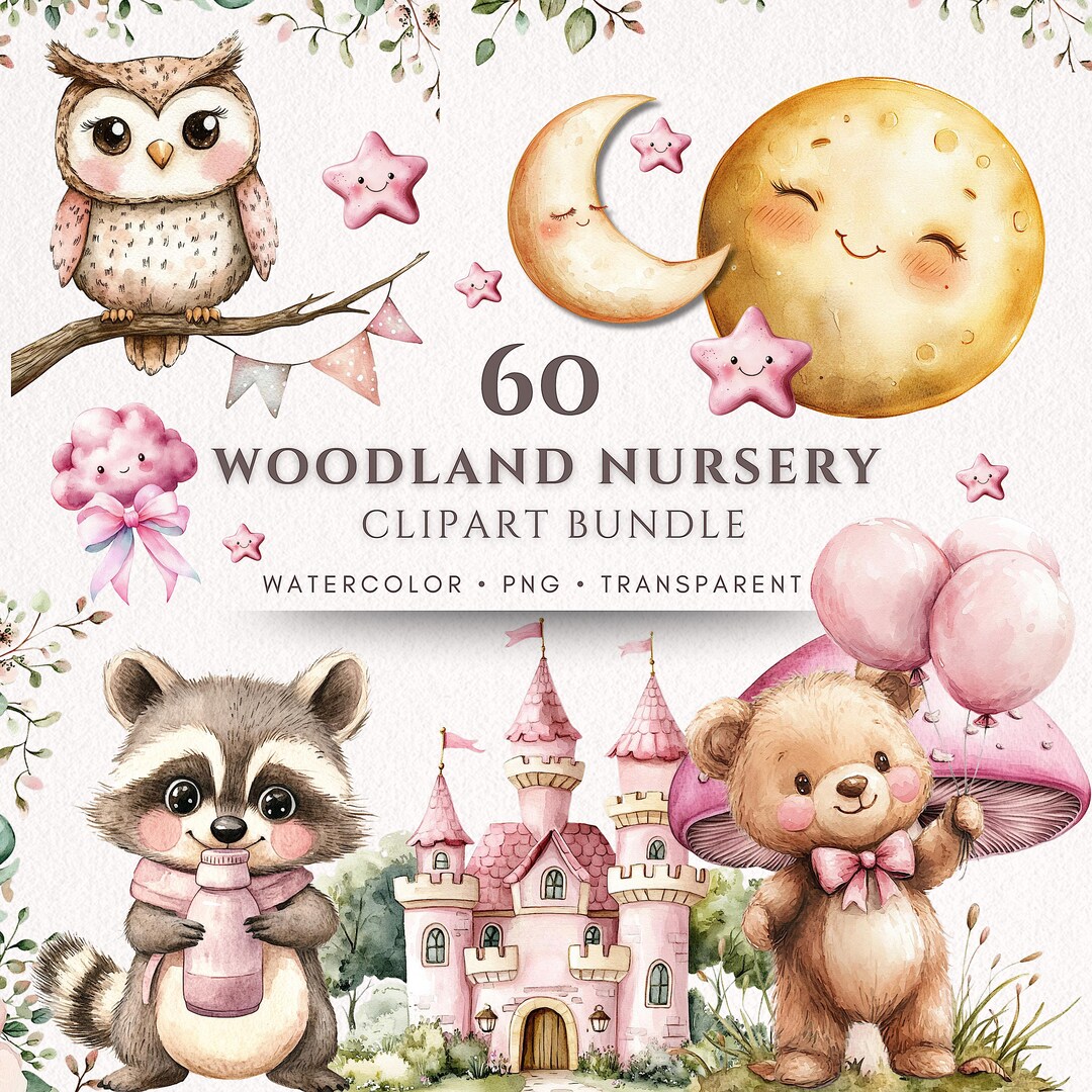 Woodland Nursery Clipart Bundle Watercolor Baby Girl Animals Storybook ...