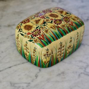 Vintage Papier-mâché Trinket Box ~ Made in Kashmir featuring a Yellow Flower Motif