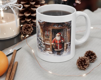 Christmas Mug with Santa Coming Out of the  Door Perfect for the Holidays get yours today!