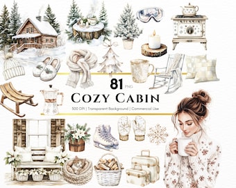 May include: A set of 81 watercolor illustrations featuring cozy cabin and winter themes. The illustrations include a cabin, a fireplace, a rocking chair, a coffee mug, a sled, a window, a bench, a cat, a basket of firewood, a suitcase, a pair of ice skates, a pair of mittens, a snowflake, a woman drinking coffee, and more.