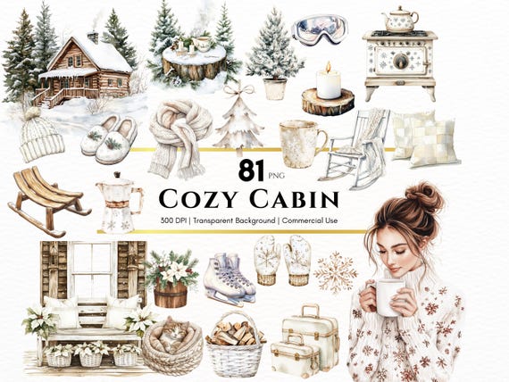 Watercolor Cozy Cabin Clipart, Boho Christmas PNG, Beige Christmas Ornaments, Christmas Tree, Christmas Sweater, Christmas Winter Holiday