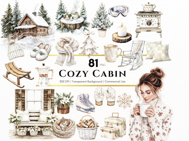 Watercolor cozy cabin clipart featuring boho Christmas elements, beige Christmas trees, sweaters, and holiday winter designs. Perfect for Christmas planners, scrapbooking, and digital projects