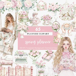 Acquerello Planner Primavera Clipart Adesivi Digitali Planner Book Lover Clipart Planner Primavera Ragazza PNG Planner Adesivo Cottagecore Scrapbook