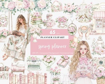 Aquarelle printemps planificateur Clipart autocollants numériques planificateur amateur de livres Clipart printemps planificateur fille PNG planificateur autocollant Cottagecore Scrapbook