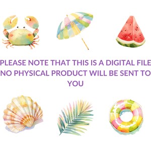 May include: A digital illustration of summer-themed items, including a crab, watermelon slice, beach umbrella, seashell, palm leaf, and a colorful inflatable ring.