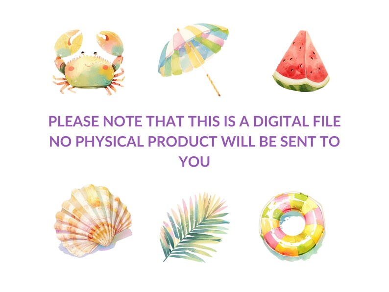 May include: A digital illustration of summer-themed items, including a crab, watermelon slice, beach umbrella, seashell, palm leaf, and a colorful inflatable ring.