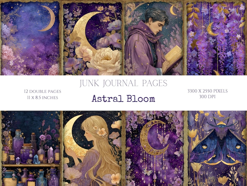 Purple Celestial Junk Journal Pages JPEG, Floral Galaxy Digital Paper ...
