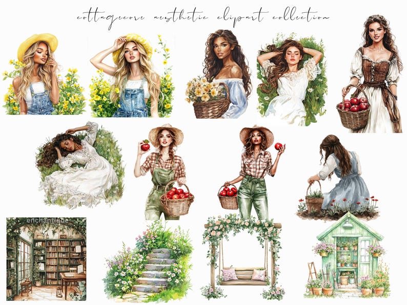 Watercolor cottagecore clipart featuring rustic elements, vintage-inspired designs, and spring floral ephemera. Perfect for digital planners, journaling stickers, and scrapbooking