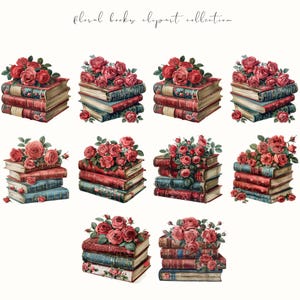 Floral book clipart featuring book stacks with flowers, perfect for booklovers and bookish aesthetics. Ideal for digital planners, stickers, and cozy creative projects.