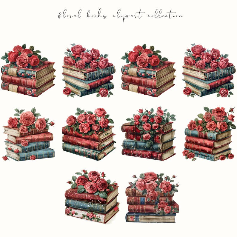 Floral book clipart featuring book stacks with flowers, perfect for booklovers and bookish aesthetics. Ideal for digital planners, stickers, and cozy creative projects.