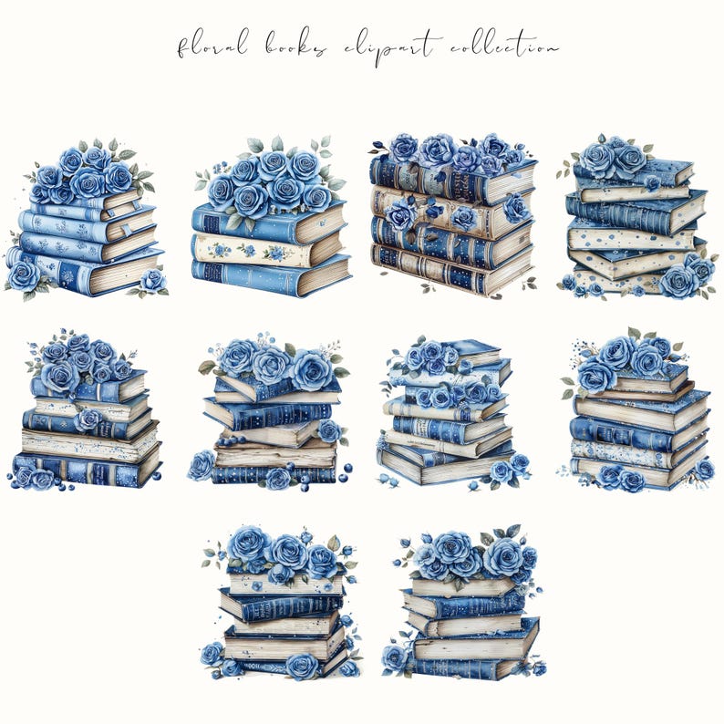 Floral book clipart featuring book stacks with flowers, perfect for booklovers and bookish aesthetics. Ideal for digital planners, stickers, and cozy creative projects.