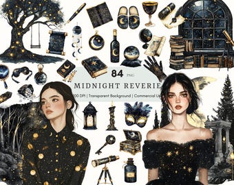 Aquarell Midnight Reverie Clipart, Himmlische Clip Art, Mystische Clipart, Magische PNG, Digitale Aufkleber Fantasy Clipart, Himmlische Aufkleber
