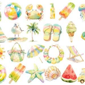 May include: A collection of watercolor illustrations featuring summer-themed imagery, including a pineapple, beach ball, crab, flip flops, ice cream cone, sunglasses, a sailboat, a beach bag, a beach umbrella, a seashell necklace, a beach chair, a surfboard, a starfish, a seashell, a watermelon, and an ice cream truck.