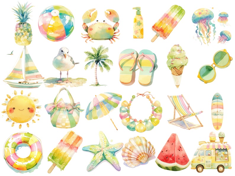 May include: A collection of watercolor illustrations featuring summer-themed imagery, including a pineapple, beach ball, crab, flip flops, ice cream cone, sunglasses, a sailboat, a beach bag, a beach umbrella, a seashell necklace, a beach chair, a surfboard, a starfish, a seashell, a watermelon, and an ice cream truck.