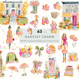 A whimsical watercolor clipart bundle titled Harvest Charm, featuring cozy autumn illustrations in bright, painterly style. Includes fall houses, pumpkins, scarves, books, turkeys, florals, and fashionable characters in warm seasonal tones. Ideal for digital stickers, planners, scrapbooking, and junk journaling. Brings a cheerful, glam fall aesthetic perfect for Thanksgiving, autumn crafting, and seasonal creative projects