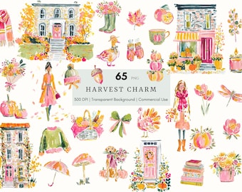 Watercolor Harvest Charm Clipart, Glam Autumn Clipart, Fall PNG, Cozy Fall Aesthetic, Fall Vibes, Digital Planner Stickers, Scrapbooking