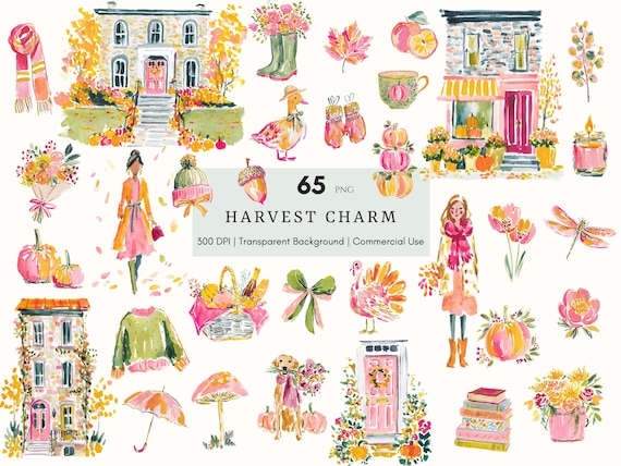 Watercolor Harvest Charm Clipart, Glam Autumn Clipart, Fall PNG, Cozy Fall Aesthetic, Fall Vibes, Digital Planner Stickers, Scrapbooking