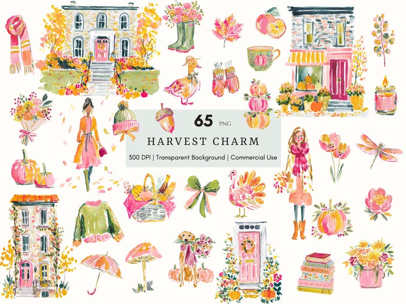 A whimsical watercolor clipart bundle titled Harvest Charm, featuring cozy autumn illustrations in bright, painterly style. Includes fall houses, pumpkins, scarves, books, turkeys, florals, and fashionable characters in warm seasonal tones. Ideal for digital stickers, planners, scrapbooking, and junk journaling. Brings a cheerful, glam fall aesthetic perfect for Thanksgiving, autumn crafting, and seasonal creative projects
