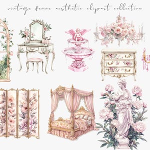 Watercolor pink vintage clipart featuring Rococo aesthetic elements and Victorian ephemera. Perfect for planner stickers, digital planners, and elegant digital scrapbooking.