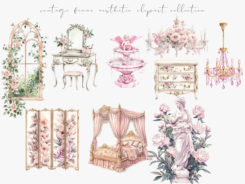 Watercolor pink vintage clipart featuring Rococo aesthetic elements and Victorian ephemera. Perfect for planner stickers, digital planners, and elegant digital scrapbooking.