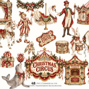Puede incluir: Una colección digital de ilustraciones con temática de circo navideño que incluye un carrusel, un maestro de ceremonias, un caballo blanco, una foca, un conejo, un caniche, un tambor, regalos, una taquilla y el texto Christmas Circus.