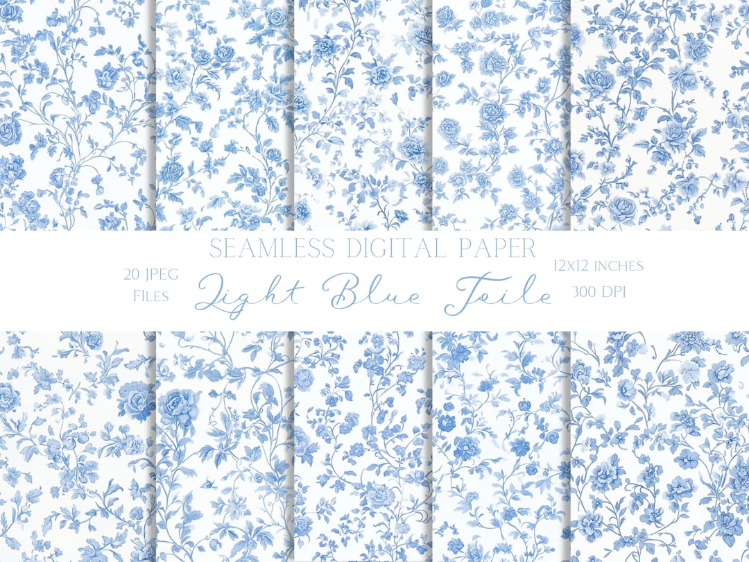 Light Blue Floral French Toile De Jouy Digital Paper Seamless Patterns ...