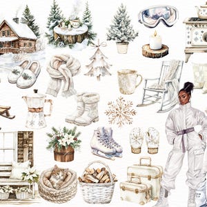Watercolor cozy cabin clipart featuring boho Christmas elements, beige Christmas trees, sweaters, and holiday winter designs. Perfect for Christmas planners, scrapbooking, and digital projects